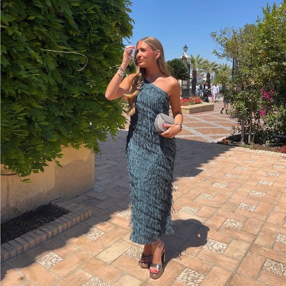Zara  One-Shoulder Fringe Dress in Teal evening party cocktail maxi midi - Picture 1 of 7